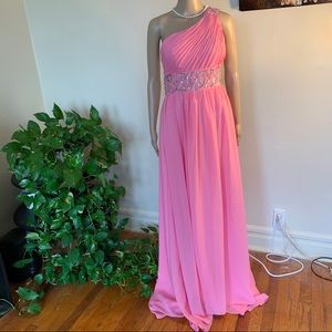 One shoulder pink gown with rhinestone trim
